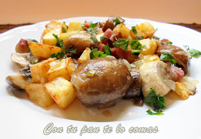 Salteado de champiñones con jamón y patatas