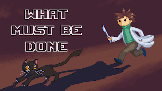 The title screen for "What Must be Done" showing a mad doctor with a scalpel chasing a cat.