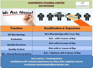 Aurobindo Pharma jobs,B.Sc,M.Sc, Pharma jobs,Diploma,Vishakhapatanam,Quality Assurance jobs,Quality Control jobs,Production jobs,microbiology,freshers job,API jobs