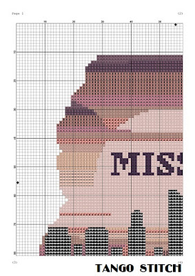 Mississippi sunset skyline map silhouette cross stitch pattern - Tango Stitch