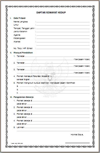 Form Daftar Riwayat Hidup / Curriculum Vitae Kosong