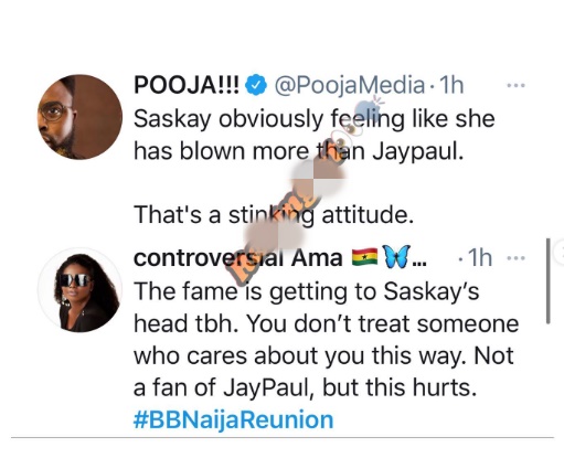 She has a nasty attitude, fame got into her head – Twitter users tear BBNaija’s Saskay apart for dumping Jaypaul for Cross