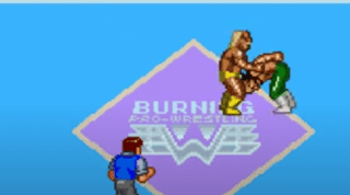 hulk hogan putting a wrestler like Macho man wearing green trousers ready to throw him  on light blue ring with purple part on the circle saying BURNING and shows Ref wearing blue and grey trousers and brown hair on the bottom of the image.png