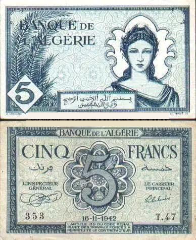 عملات نقدية وورقية جزائرية قديمة خمسة فرنك