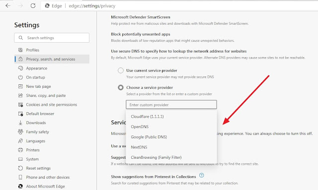 dropdown of dns options