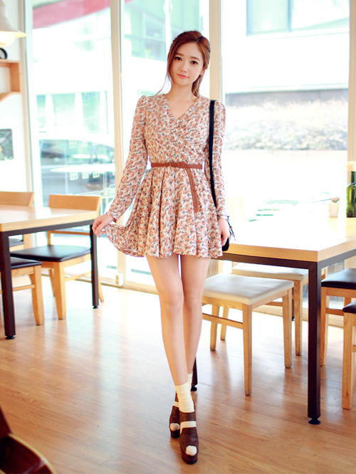 Spring Floral Surplice Neck Dress