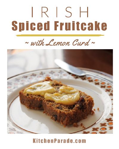 Irish Spiced Fruitcake with Brown Sugar Lemon Curd ♥ KitchenParade.com, NOT your grandma's fruitcake, it's packed with dried fruit and warm spices, here with a smear of Brown Sugar Lemon Curd.