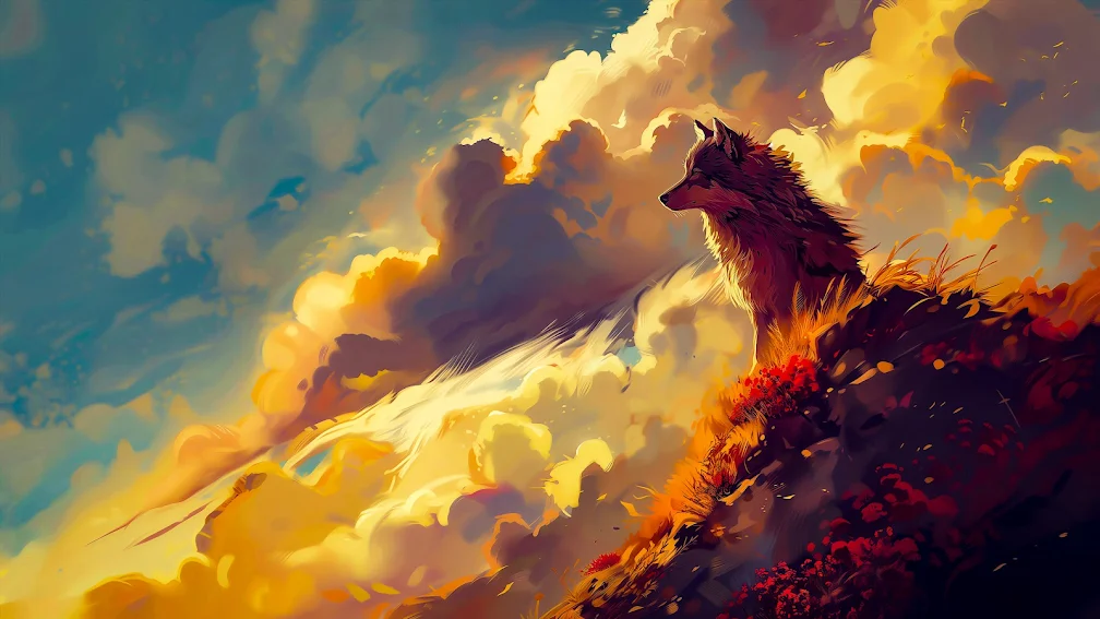 4K image of a lone wolf on a hillside with golden autumn clouds in the background, embodying the essence of the wild and free.