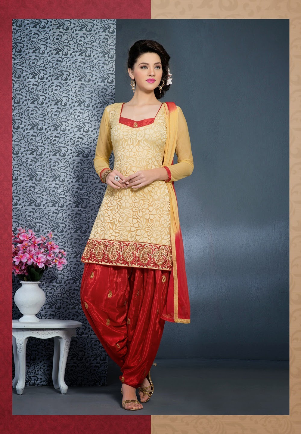  golden with red brasso designer punjabi suit