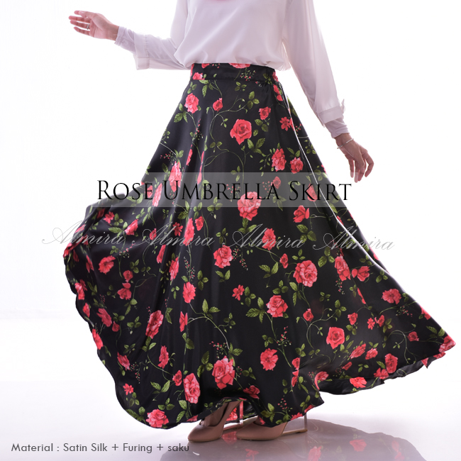 Jual Rok  Satin Panjang  Motif Bunga Rose Umbrella Skirt 