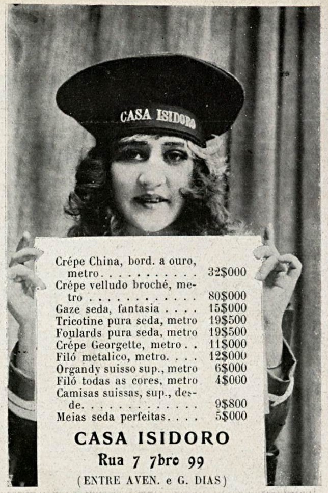 Anúncio veiculado em 1921 apresentando as ofertas de roupas da Casa Isidoro