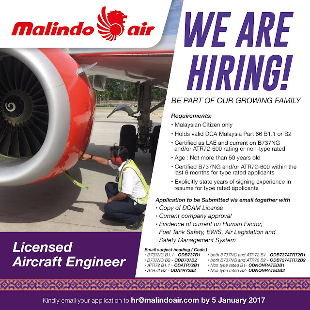 Malindo Air Vacancy Hiring Licensed Aircraft Engineer