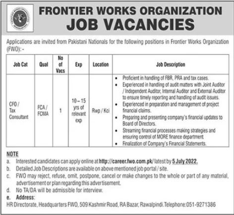 Latest Frontier Works Organization FWO Finance Posts Rawalpindi 2022