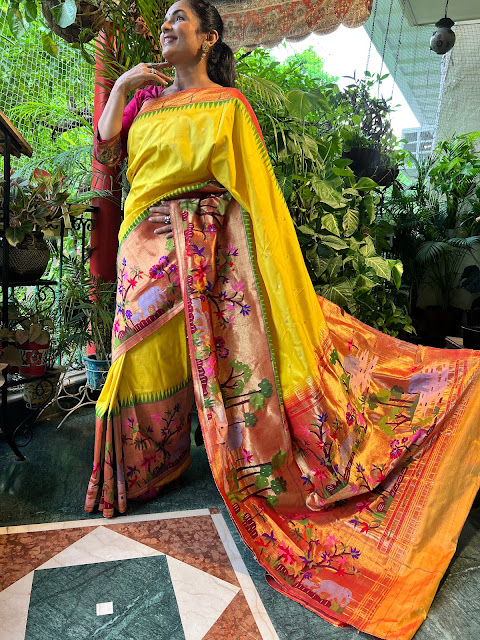 Silk paithani with brocade pallu and skirt border. A rare and gorgeous colour to find.