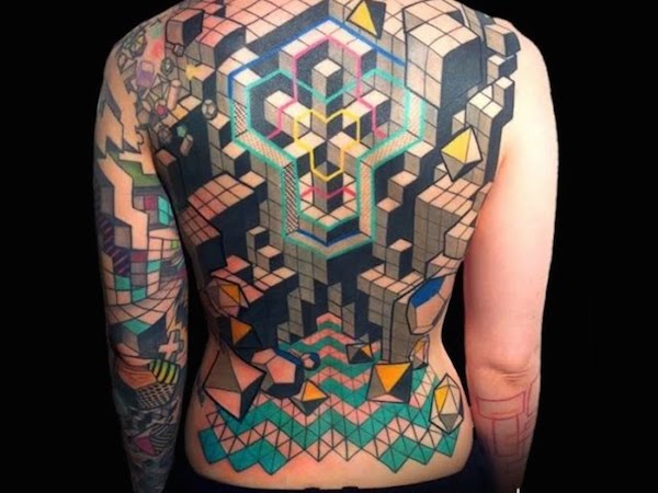 Grande estilo tetris bloco de construção de trás da tatuagem