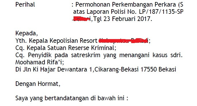 Contoh Surat Permohonan Perkembangan Perkara (SP2HP)