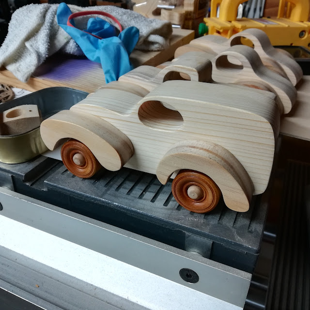 Handmade Wood Toy Panel Wagon/Truck Testing the Wheel Fit