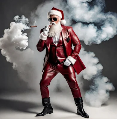 Full view of Santa Claus wearing a red leather suit and smoking a cigar