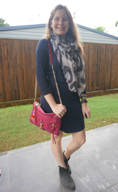 leopard print scarf with navy striped shift dress ankle boots purple bag pop of colour | awayfromblue