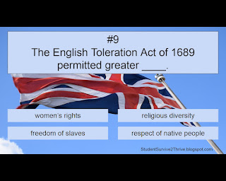 The English Toleration Act of 1689 permitted greater ____. Answer choices include: women's rights, religious diversity, freedom of slaves, respect of native people