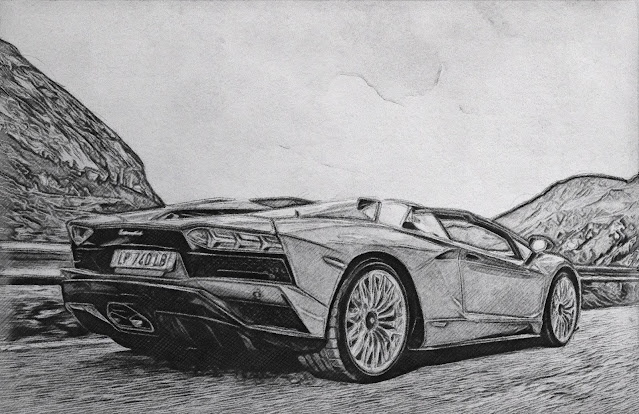 image of pencil drawing of the rear end lamborghini aventador s roadster on the hilly road