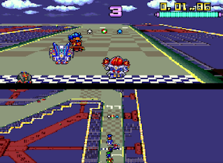 Battle Racers showing the race starting with number 3 timer showing up and the light colour colour on the top screenis the player health we can also see the starting race line with black and white like tradition in videogames plus you can see the sky on the top and also nice  displays around the game