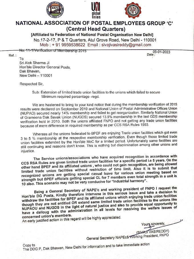 GS NAPEc/Working President FNPO  letter to DG Post about extending limited trade union facilities for NUGDS and Admin union otherwise should stop for BPEF affiliated unions.
