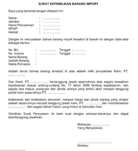 Download Contoh Surat Kepemilikan Barang Import Terbaru Format Word