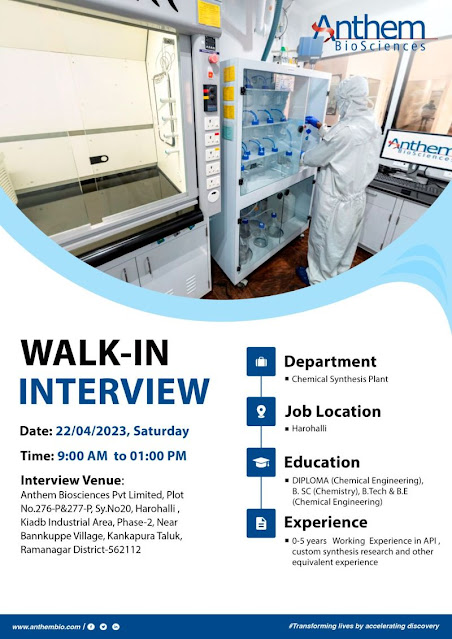 Anthem Biosciences Walk In Interview For Bsc Chemistry/ Diploma/ B Tech/ B E Chemical - Chemical Synthesis Process