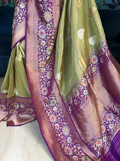 The Epitome of Opulence: Pure Silk Tissue Saree with Katan Body, Kadiyal Border, Kaduwa Weave, Meenakari Detailing, and a Mesmerizing Color Palette