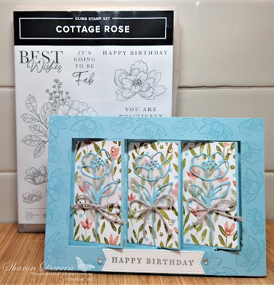 Rhapsody in craft, Balmy Blue, Fancy Fold, Fancyfoldcards, Birthday card, Cottage Rose, Cottage flower dies, Cottage Rose Bundle, Stylish Shapes Dies, Shutter Card fold, Awash in Beauty DSP, Stampin' Up!, #colourcreationsbloghop, #ArtwithHeart, #loveitchopit