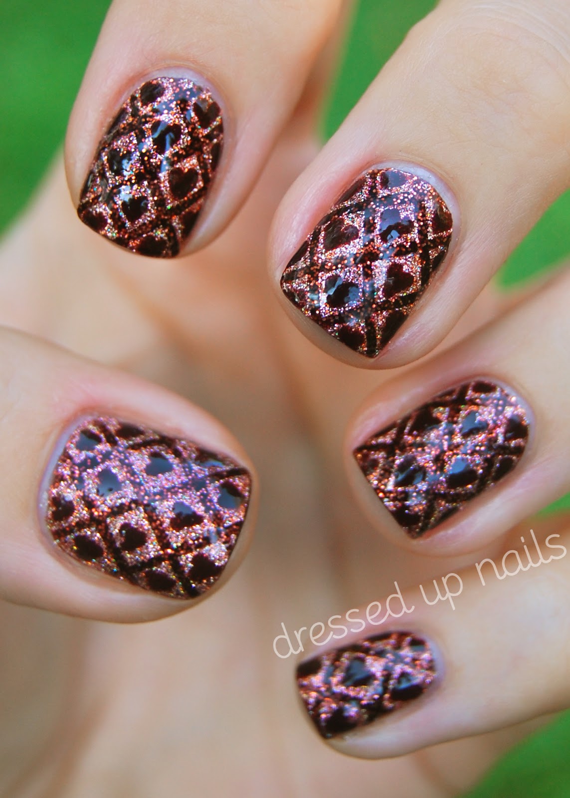 Dressed Up Nails: Ornate wallpaper nail art with hearts and GLITTER!