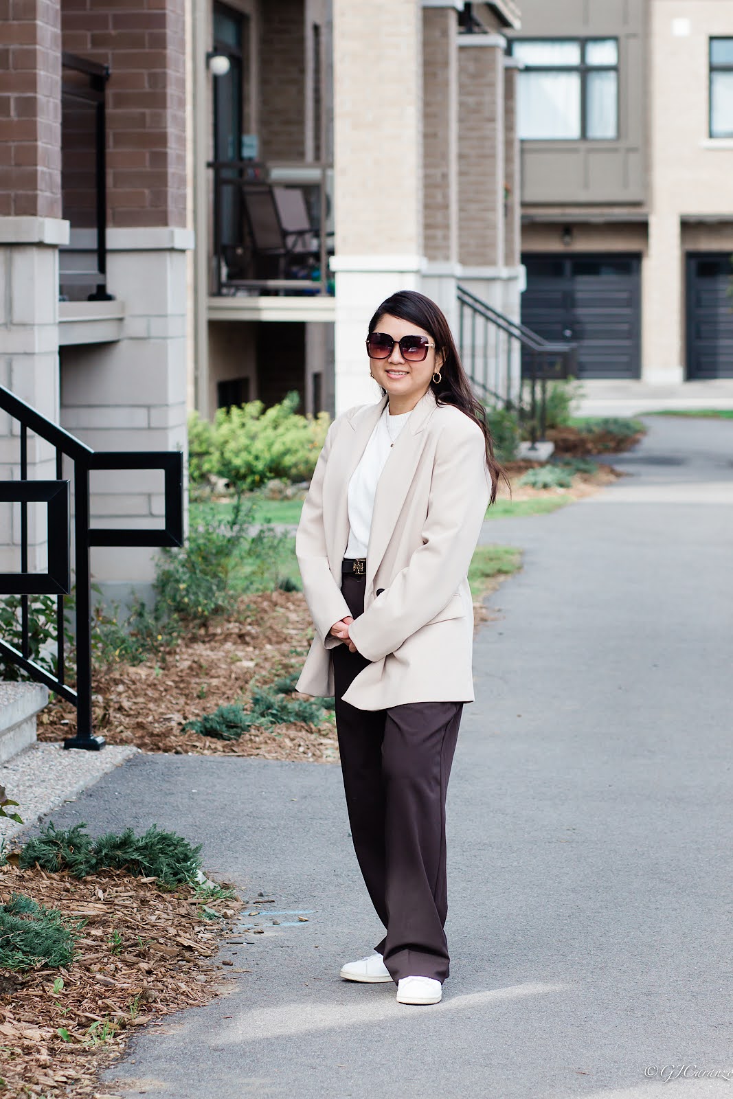 Zara Oversized Blazer | Menswear pants | Adidas Stan Smith | Square Sunglasses | Tory Burch Reversible Belt | Kate Spade Bag | Petite Fall Outfit