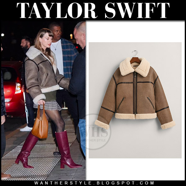 Taylor Swift in brown shearling jacket and burgundy boots