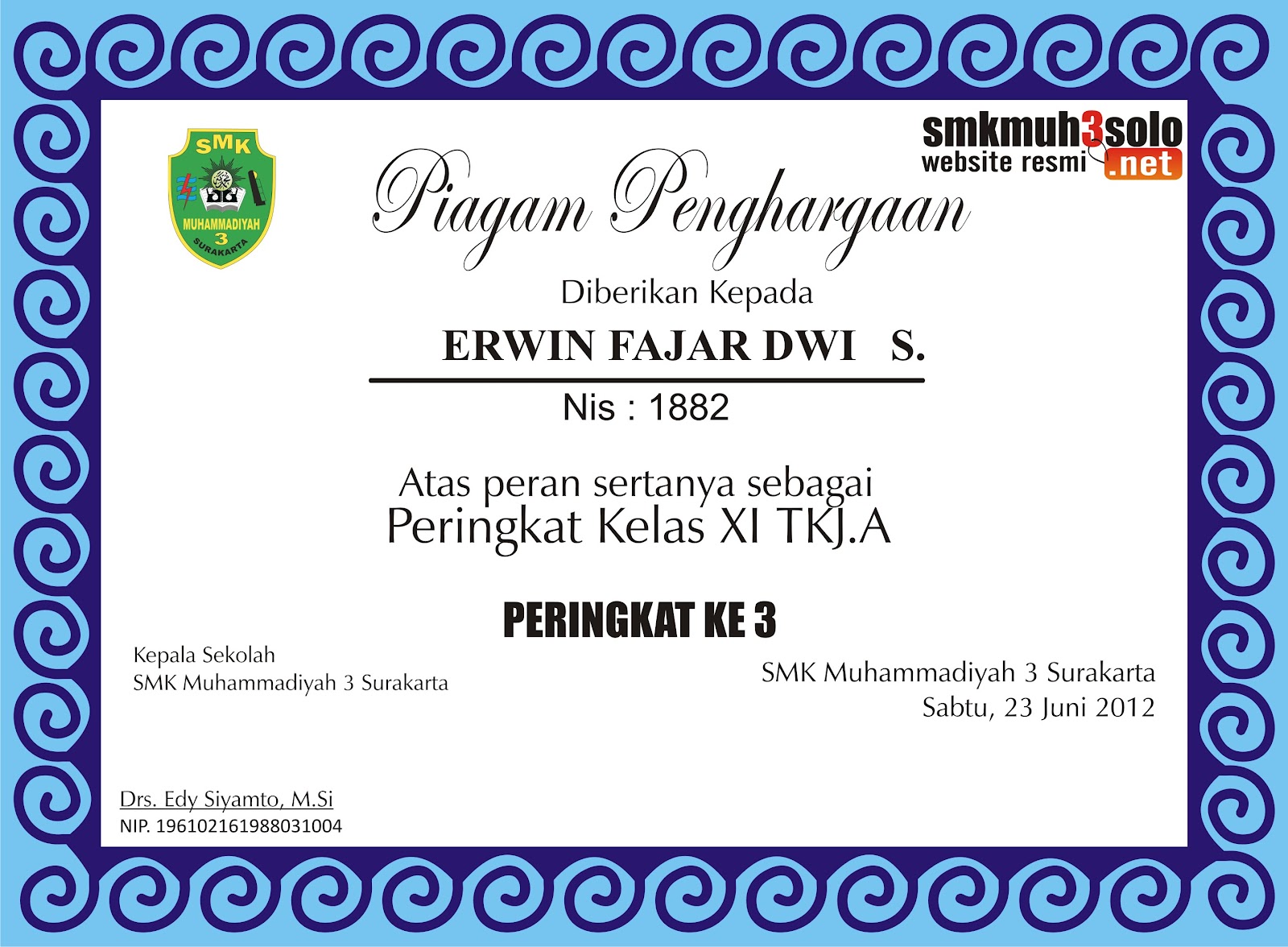 Sertifikat Penghargaan Juara kelas SMK Muhammadiyah 3 Surakarta Design 
