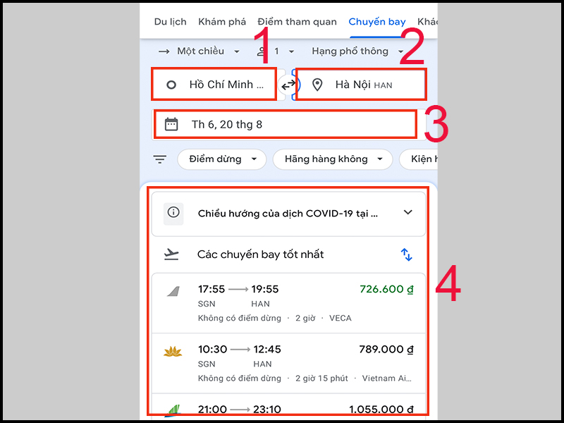 Chọn điểm đi, điểm đến và ngày khởi hành