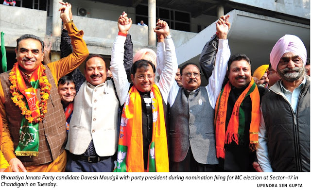 BJP candidate Davesh Moudgil with Ex-MP & Additional Solicitor General of India during nomination filing for MC election at Sector 17 in Chandigarh on Tuesday