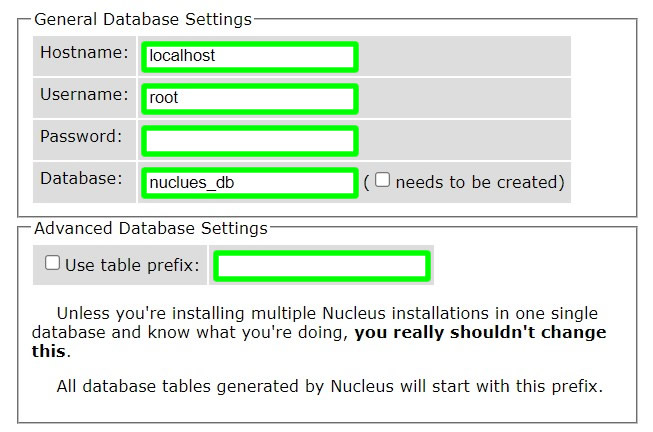 nucleus cms installation general database settings
