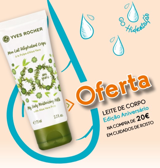 Imagem contendo um tubo do Leite Reidratante de Corpo com Aloé Vera de 75 ml, em Edição Limitada de 60º Aniversário de Yves Rocher, como oferta na compra de 20€ em Cuidados de Rosto do Catálogo 05/2019 das páginas 05 a 21