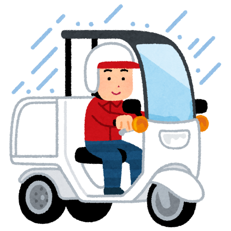 無料イラスト かわいいフリー素材集 屋根付き三輪バイクに乗る人のイラスト 雨