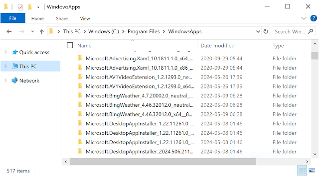A screenshot of an explorer window showing the WindowsApps folder being listed.