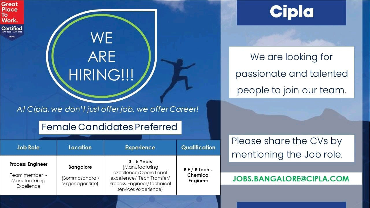 Job Available's for Cipla Job Vacancy for BE/ B Tech - Chemical Engineer