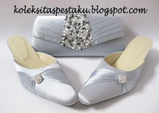 Set matching silver cantik mewah elegant Tas pesta dan slop sepatu