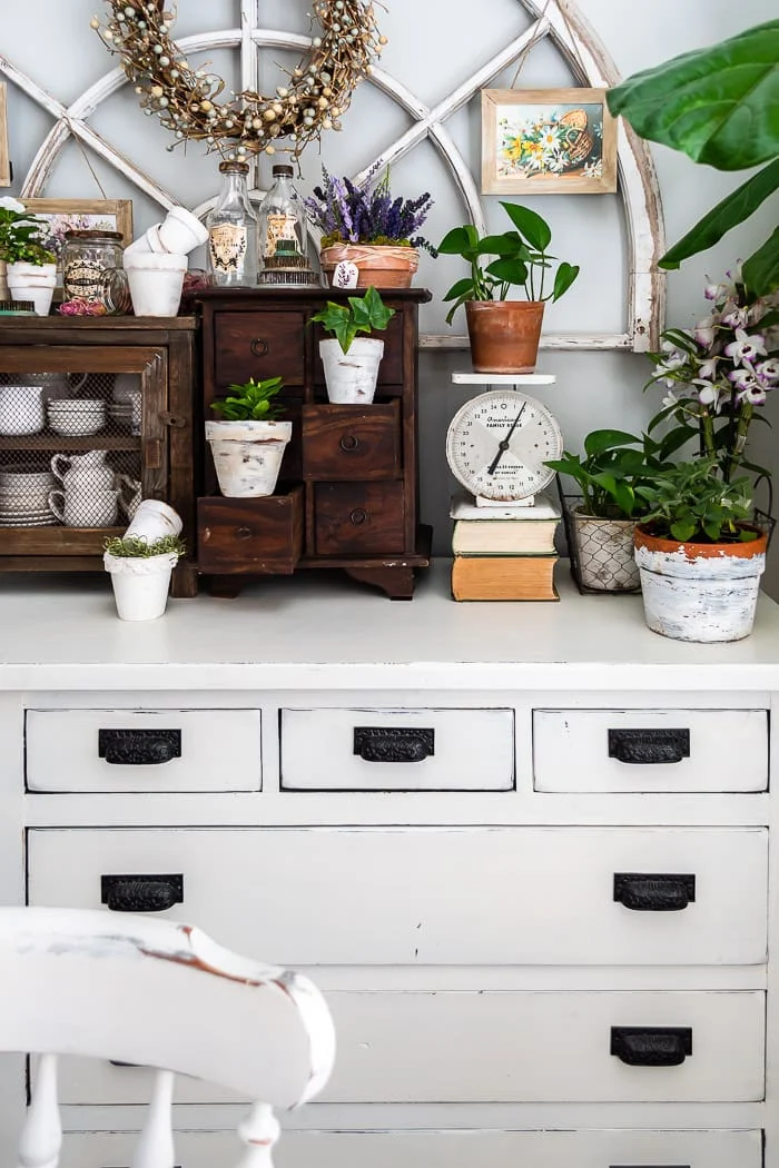 white dresser, antique window, vintage apothecary cabinets, potted plants, vintage scale