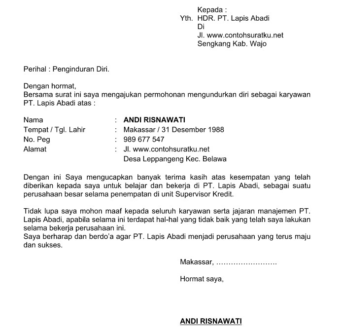 Contoh Surat Pengunduran Diri Cv - Surat Box