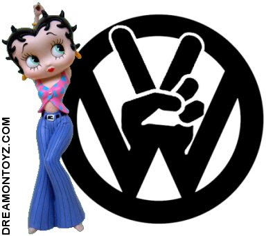 Black Volkswagon VW peace sign logo with Betty Boop wearing a vest and bell