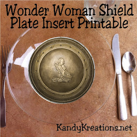 Throw a fun Wonder Woman party with these printable plate inserts.  These inserts fit under a glass plate from Walmart and make a fun way to dress up your dinner party.