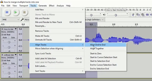 audacity align tracks end to end