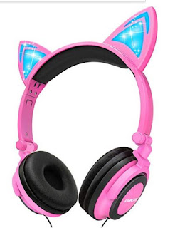 LOBKIN Foldable Wired Over Ear Kids Headphone with Glowing Light for Girls Children Cosplay Fans,Cat Ear Headphones