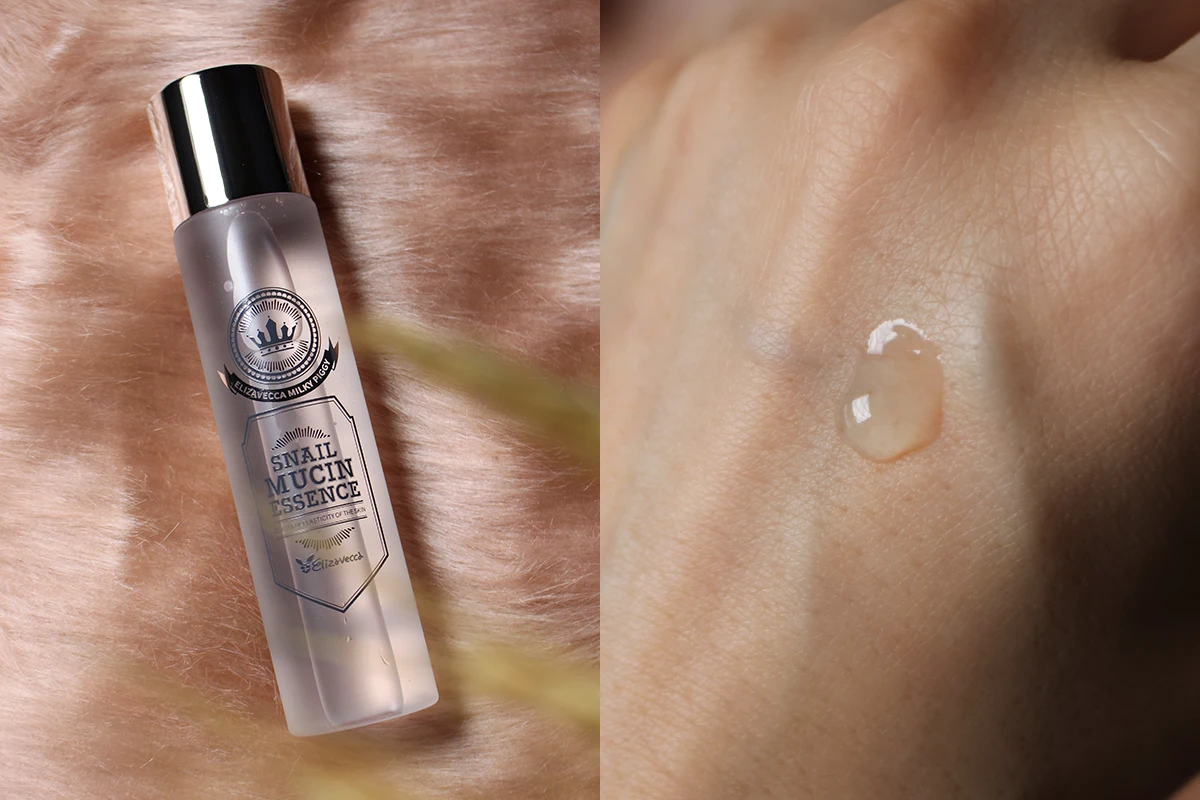 collage with two images: close-up of a Snail Mucin Essence by Elizavecca skincare product and a demonstration of a texture of this snail mucus on the skin